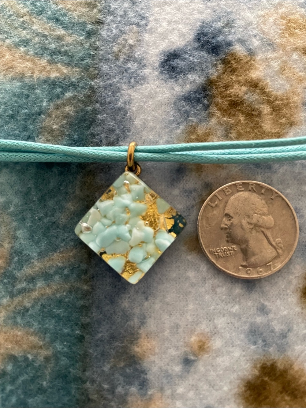 Murano Glass Turquoise Gold Accent SquarePendant Necklace NWOT - Picture 4 of 9